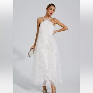 White Floral Appliqué Halter Midi Dress